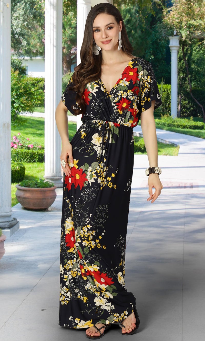 KOH KOH Womens Long Summer Floral Flower Print Sexy Kaftan Caftan Beach Casual Flowy Hawaiin Sun Cover-up Sundress Sundresses Gown Gowns Maxi Dress Dresses, Dark Navy Blue L 12-14 - Image 3
